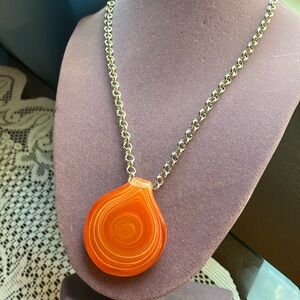 Murano Blown Glass Orange Round Pendant on 18” Silver Tone Link Chain